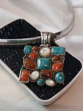 16"Peyote Bird Designs  Mosaic Pendant & Italy 925 Omega Chain 1.6 Oz